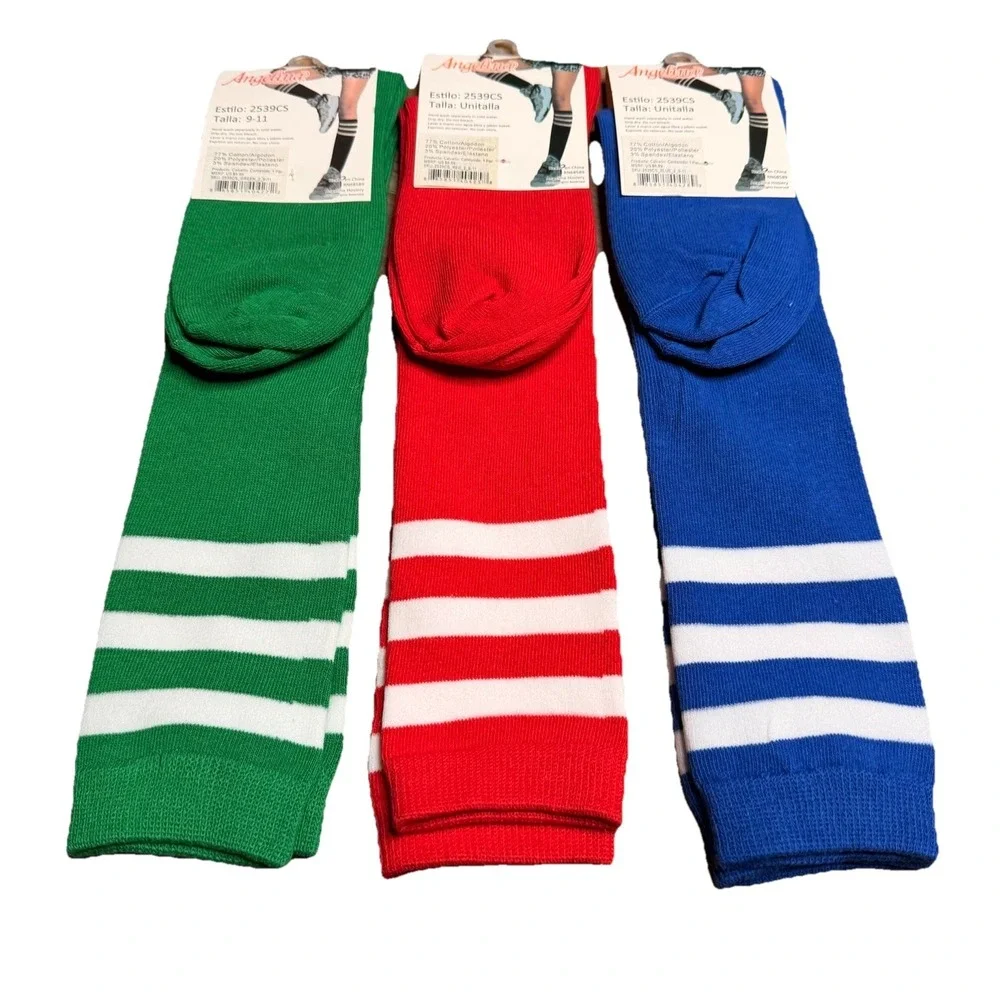 Angelina Knee High Socks Unisex Green-blue-Red W/Stripes 9-11 77% Cotton 3 Pairs
